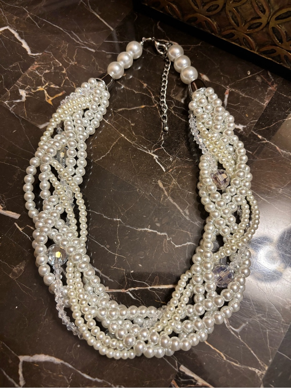 Elegant White Pearl Multi-Strand Statement Necklace. Costume jewelry.